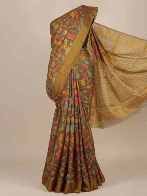 

Pothys Grey & Yellow Floral Jute Silk Saree