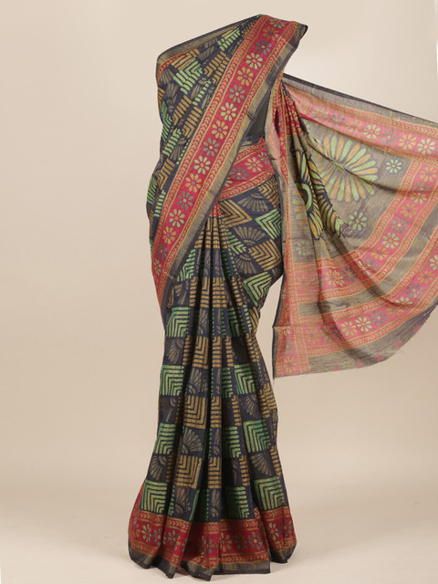 

Pothys Navy Blue Printed Jute Silk Saree