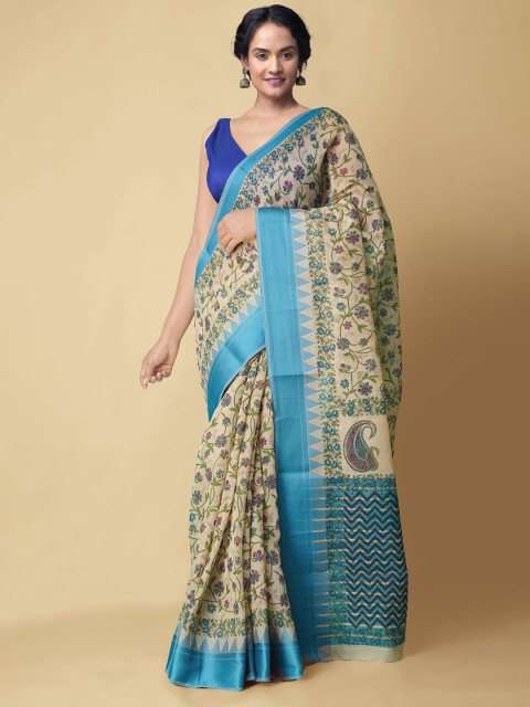 

Unnati Silks Beige & Blue Paisley Silk Cotton Chanderi Handloom Saree