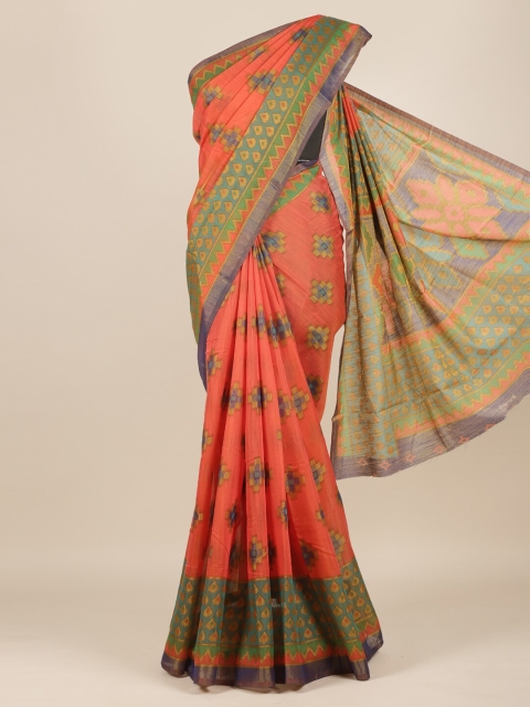 

Pothys Peach & Blue Floral Jute Silk Saree