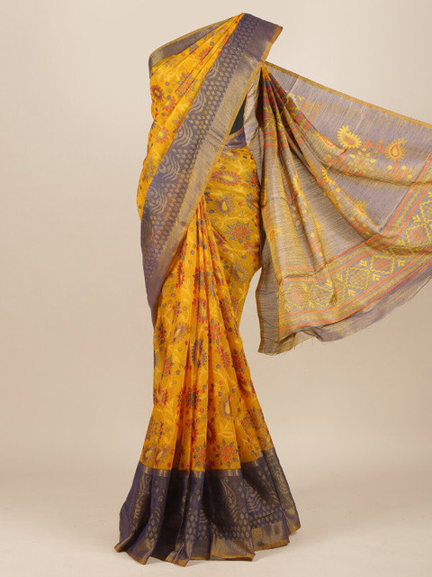 

Pothys Yellow & Blue Floral Jute Silk Saree