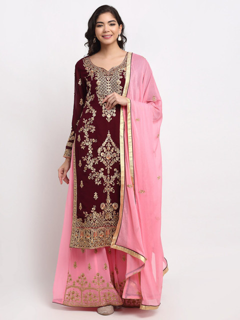 

Stylee LIFESTYLE Maroon & Pink Embroidered Semi-Stitched Dress Material