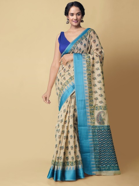 

Unnati Silks Beige & Blue Block Printed Silk Cotton Chanderi Saree