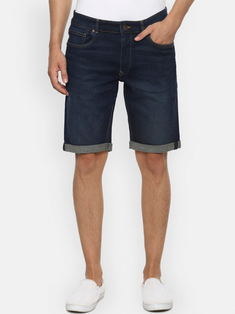 

Louis Philippe Jeans Men Navy Blue Washed Slim Fit Mid-Rise Denim Shorts
