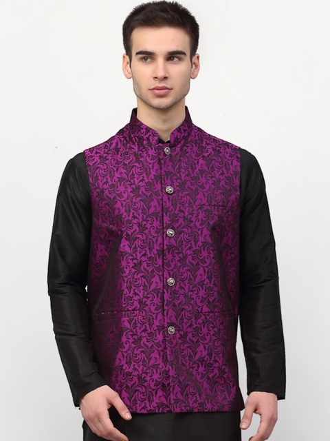 

Jompers Men Purple & Black Woven-Design Nehru Jacket