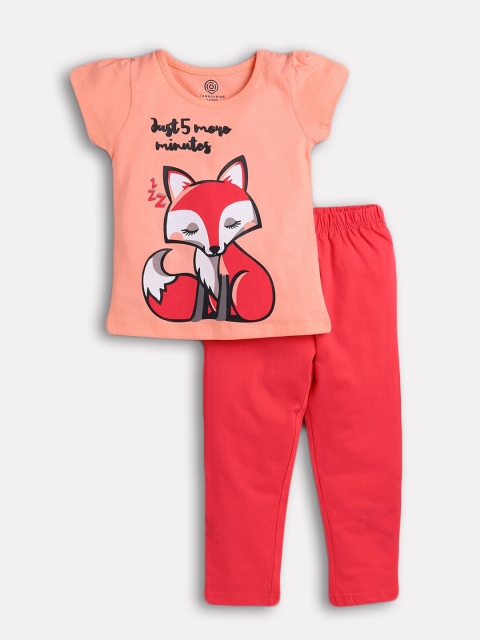 

TAMBOURINE Girls Peach-Coloured & Red Printed Top with Leggings