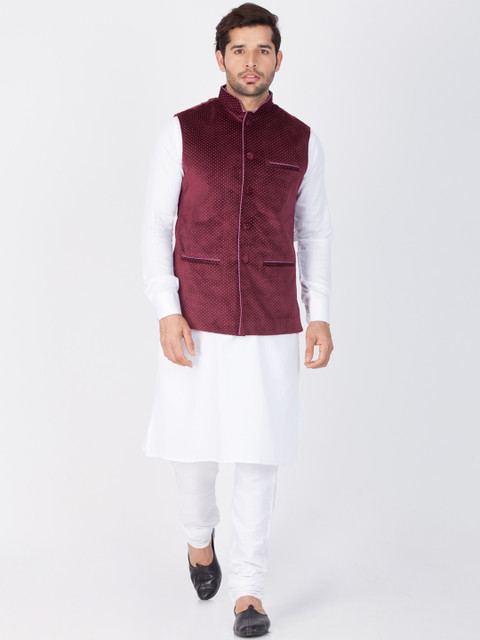 

VASTRAMAY Men White & Maroon Layered Kurta with Churidar