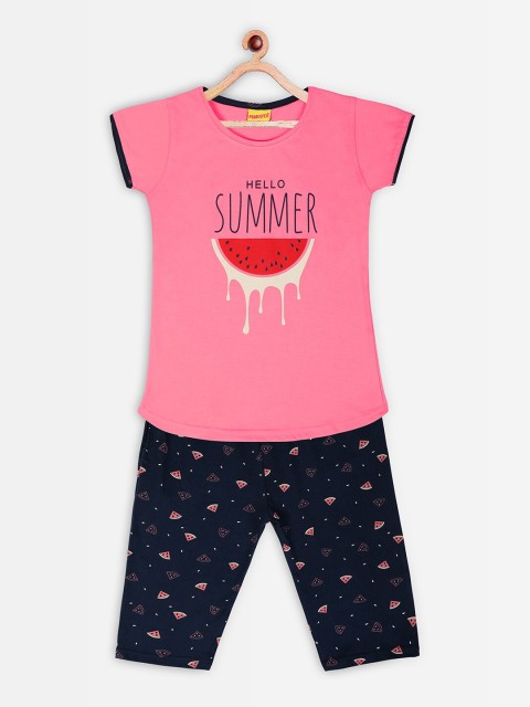 

Punkster Girls Pink & Navy Blue Printed Cotton Night Suit