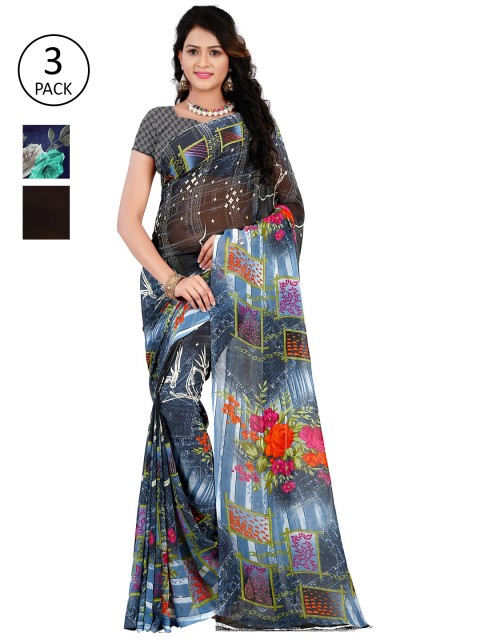 

KALINI Pack of 3 Poly Georgette Sarees, Grey