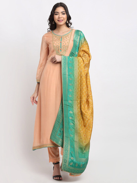 

Stylee LIFESTYLE Womans Beige & Yellow Pure Silk Unstitched Dress Material