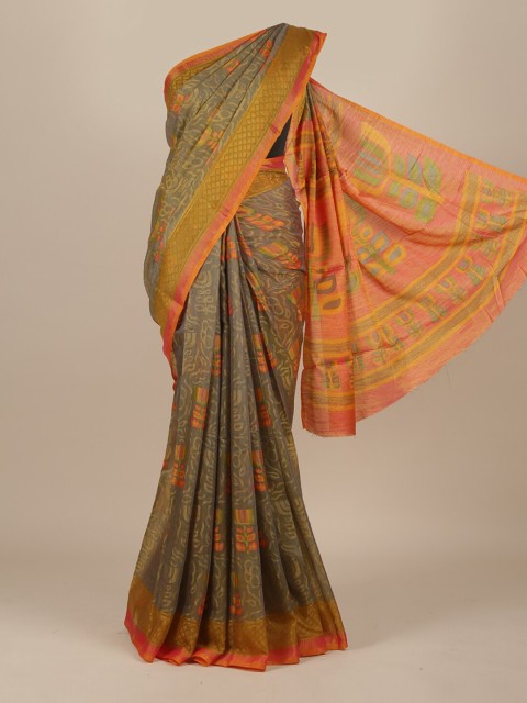 

Pothys Grey & Yellow Floral Jute Silk Saree