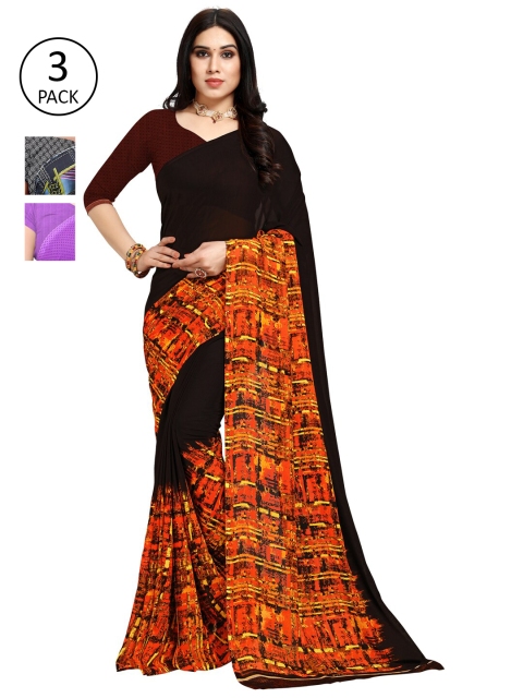 

KALINI Pack of 3 Printed Poly Georgette Saree, Black