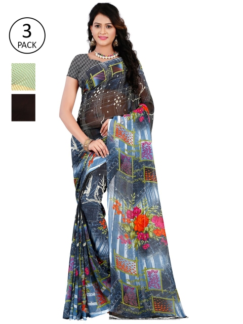 

KALINI Pack Of 3 Blue & Beige Floral Sarees