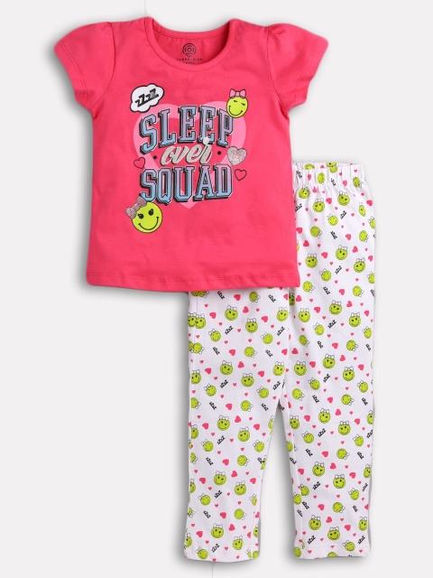 

TAMBOURINE Girls Pink & White Printed Night Suit