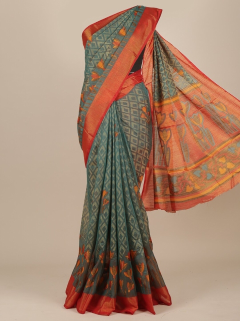 

Pothys Grey & Red Printed Jute Silk Saree