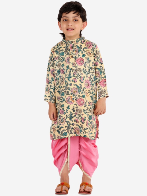 

Chipbeys Boys Yellow Floral Printed Pure Cotton Kurta with Dhoti Pants