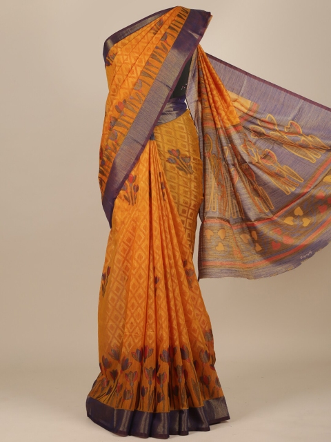 

Pothys Yellow & Purple Printed Zari Jute Silk Saree
