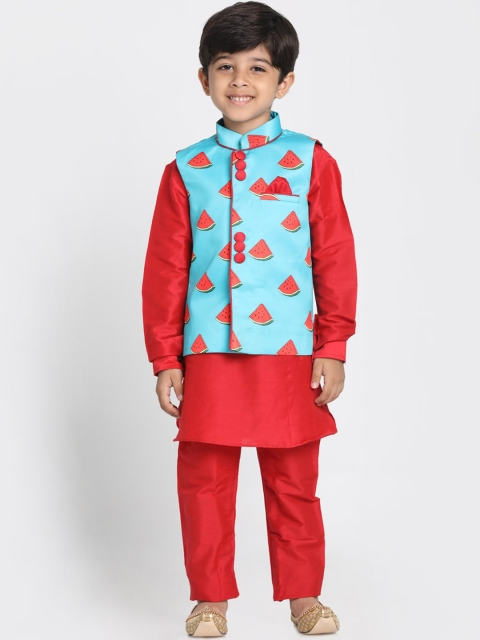 

VASTRAMAY Boys Red & Blue Kurta with Pyjamas & Nehru Jacket