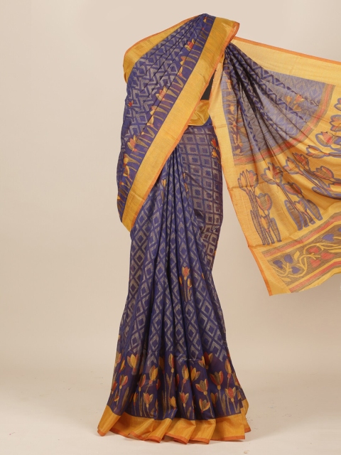 

Pothys Blue & Gold-Toned Floral Zari Jute Silk Saree