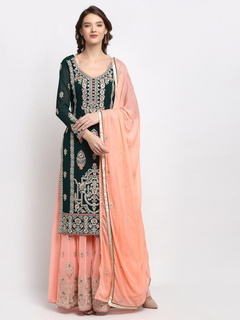 

Stylee LIFESTYLE Green & Peach-Coloured Embroidered Semi-Stitched Dress Material
