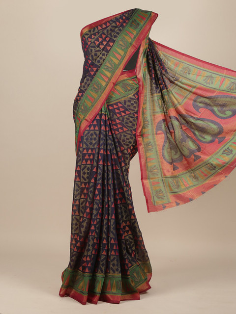 

Pothys Navy Blue & Green Ethnic Motifs Jute Silk Saree