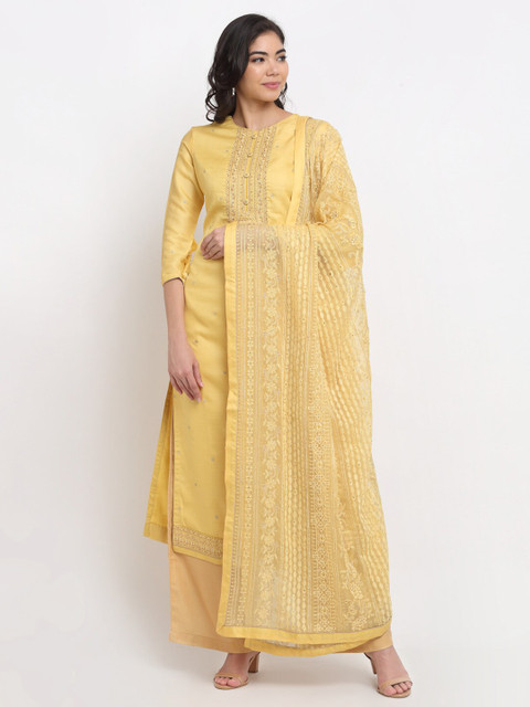 

Stylee LIFESTYLE Yellow Embroidered Pure Silk Unstitched Dress Material