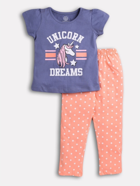

TAMBOURINE Girls Purple & Peach-Coloured Printed Top with Leggings