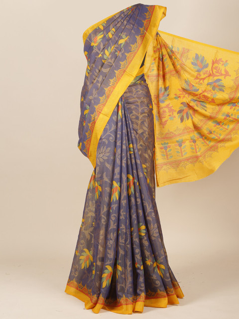 

Pothys Blue & Yellow Floral Jute Silk Saree