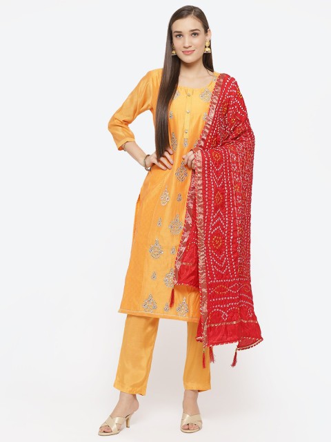 

Biba Yellow & Red Embroidered Art Silk Unstitched Dress Material