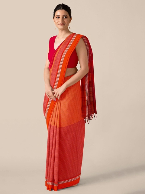 

Taneira Women Orange & Red Pure Cotton Striped Begumpur Saree