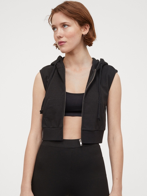 

H&M Women Black Solid Sleeveless Zip-Through Hoodie