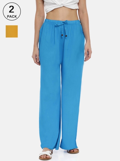 

GOLDSTROMS Women Turquoise Blue & Mustard 2 Flared Knitted Palazzos