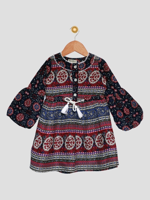 

Bella Moda Navy Blue & Red Ethnic Motifs A-Line Dress