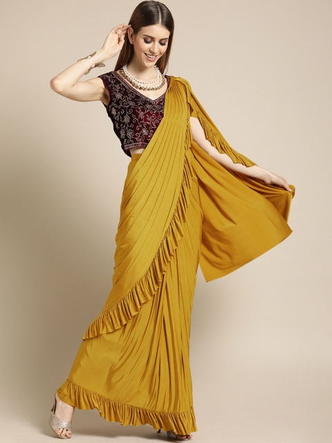 

Chhabra 555 Mustard Yellow & Maroon Embellished Beads and Stones Ready to Wear Saree