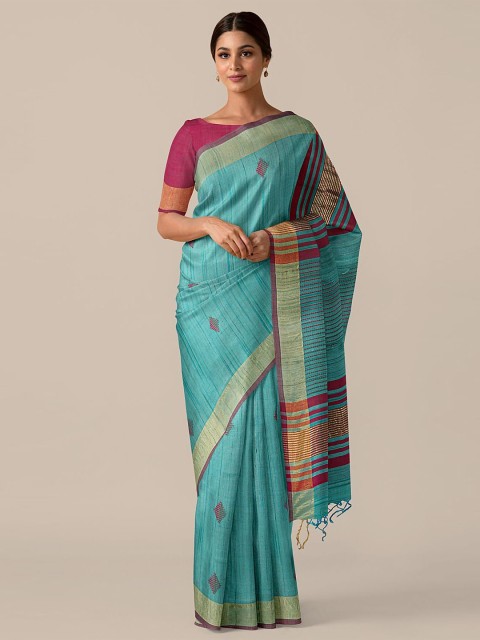 

Taneira Women Blue & Maroon Pure Silk Woven Design Bhagalpur Tussar Silk Saree, Turquoise blue