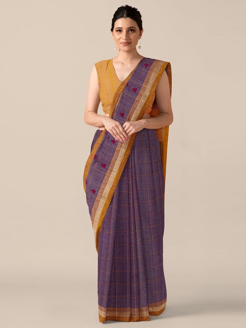 

Taneira Violet & Mustard Checked & Ethnic Motifs Pure Cotton Saree