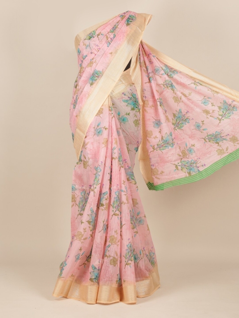 

Pothys Pink & Blue Floral Jute Silk Saree