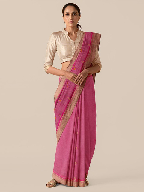 

Taneira Pink & Beige Woven Design Zari Pure Cotton Saree