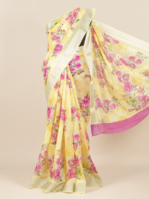 

Pothys Yellow & Pink Floral Zari Jute Silk Saree