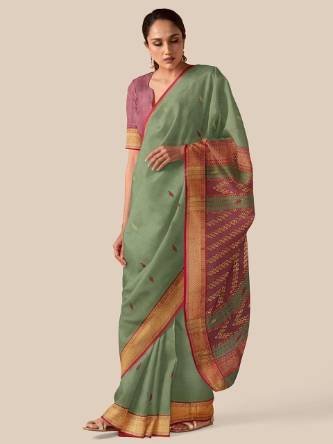 

Taneira Green & Maroon Woven Design Zari Silk Cotton Maheshwari Saree