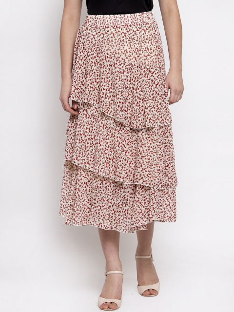 

Global Republic Women White & Red Printed Tiered Midi Skirt