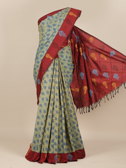 

Pothys Green & Maroon Floral Printed Cotton Blend Saree