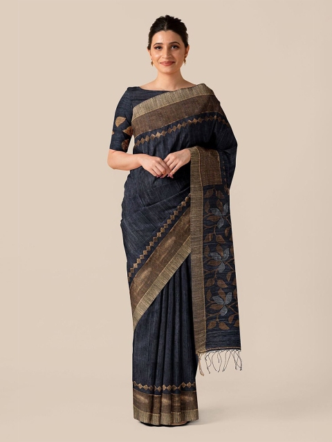 

Taneira Black & Gold-Toned Pure Silk Tussar Saree