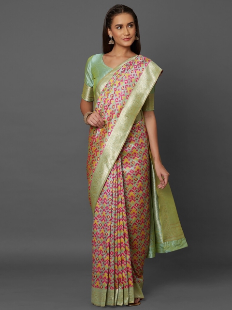 

Mitera Green & Pink Woven Design Zari Silk Blend Banarasi Saree