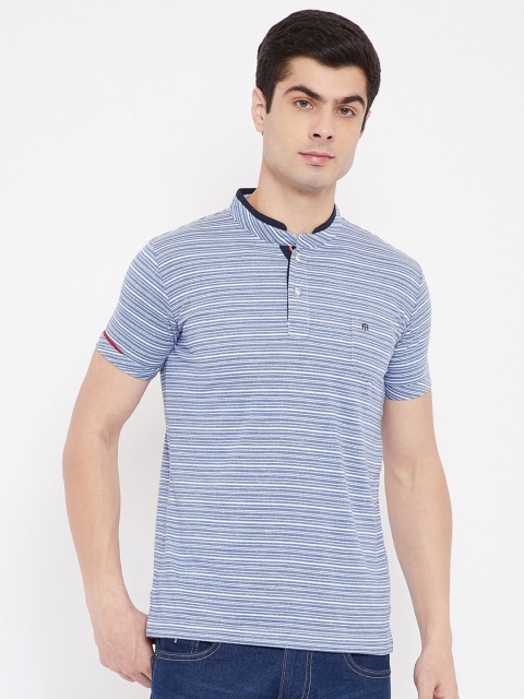 Duke Men Blue Striped Mandarin Collar T-shirt