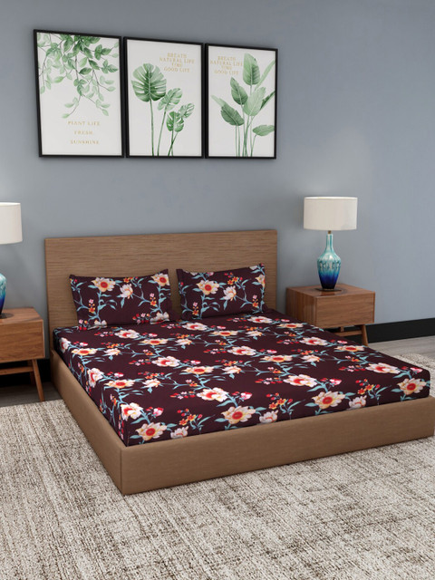 

NEUDIS Maroon & Blue Floral 180 TC King Bedsheet with 2 Pillow Covers