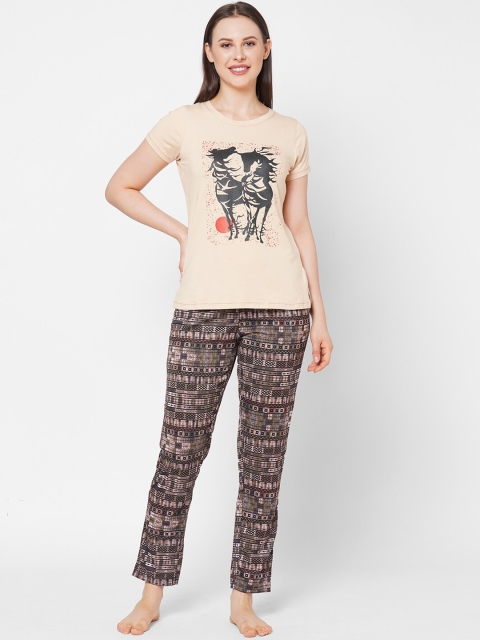 

Sweet Dreams Women Beige & Black Printed Night Suit
