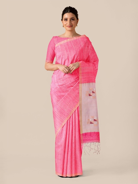

Taneira Pink & Silver-Toned Woven Design Zari Pure Silk Tussar Saree
