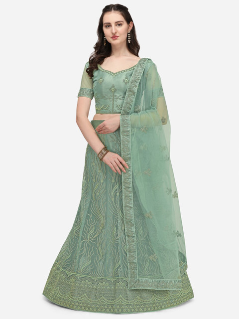 

Netram Women Green Semi Stiched Embroidered Net Lehenga Choli