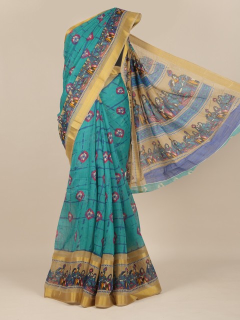 

Pothys Teal & Pink Ethnic Motifs Jute Silk Saree